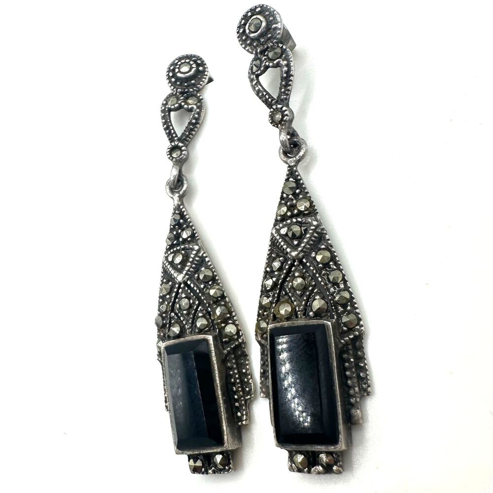 Art Deco Revival sterling silver genuine black onyx marcasite post drop earrings - Picture 5 of 10